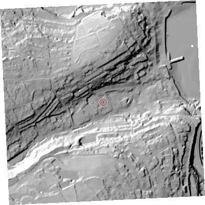 Shaded relief map of the ground around TR261SL, computed from Environment Agency LiDAR. The ground here sits at about 24 m above sea level and falls 92 m across the surrounding 800 m. Surface water reaching this point runs off ground lying to the west, 46.6 m higher.