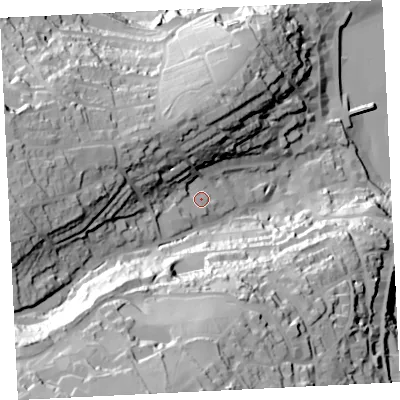 Shaded relief map of the ground around TR261SN, computed from Environment Agency LiDAR. The ground here sits at about 27 m above sea level and falls 94 m across the surrounding 800 m. Surface water reaching this point runs off ground lying to the west, 46.9 m higher.