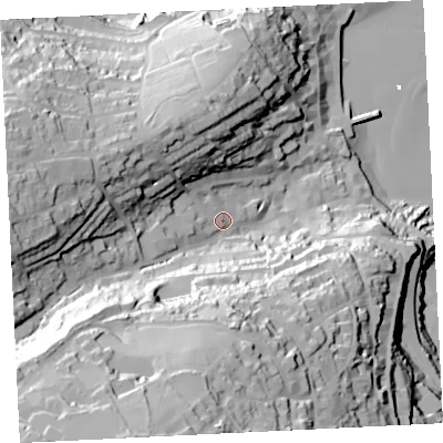 Shaded relief map of the ground around TR261SQ, computed from Environment Agency LiDAR. The ground here sits at about 23 m above sea level and falls 95 m across the surrounding 800 m. Surface water reaching this point runs off ground lying to the south-south-west, 71.5 m higher.