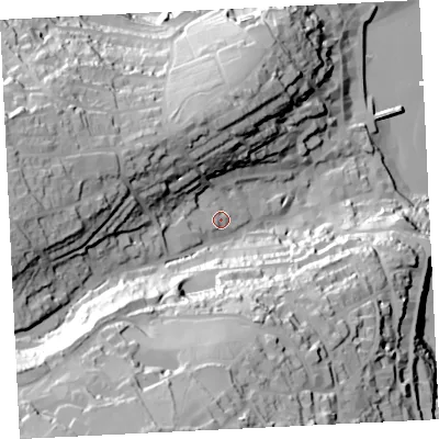 Shaded relief map of the ground around TR261SR, computed from Environment Agency LiDAR. The ground here sits at about 26 m above sea level and falls 94 m across the surrounding 800 m. Surface water reaching this point runs off ground lying to the west-south-west, 6.1 m higher.