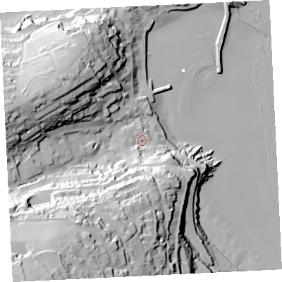 Shaded relief map of the ground around TR262DS, computed from Environment Agency LiDAR. The ground here sits at about 10 m above sea level and falls 91 m across the surrounding 800 m. Surface water reaching this point runs off ground lying to the south-south-west, 67.4 m higher.