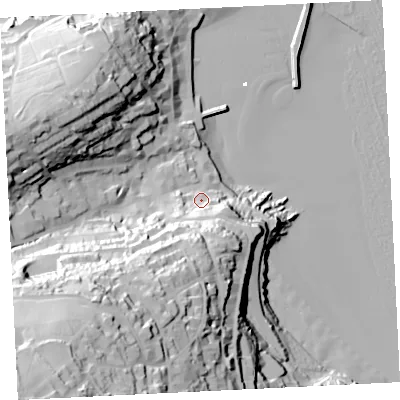 Shaded relief map of the ground around TR262DU, computed from Environment Agency LiDAR. The ground here sits at about 13 m above sea level and falls 93 m across the surrounding 800 m. Surface water reaching this point runs off ground lying to the south-west, 78.5 m higher.