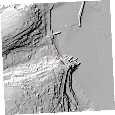 Shaded relief map of the ground around TR262DY, computed from Environment Agency LiDAR. The ground here sits at about 10 m above sea level and falls 91 m across the surrounding 800 m. Surface water reaching this point runs off ground lying to the south, 30.7 m higher.