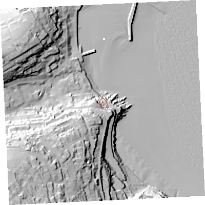 Shaded relief map of the ground around TR262EA, computed from Environment Agency LiDAR. The ground here sits at about 13 m above sea level and falls 91 m across the surrounding 800 m. Surface water reaching this point runs off ground lying to the south-south-west, 33.4 m higher.
