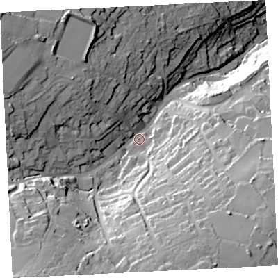 Shaded relief map of the ground around TR262EN, computed from Environment Agency LiDAR. The ground here sits at about 81 m above sea level and falls 80 m across the surrounding 800 m. Surface water reaching this point runs off ground lying to the south-west, 43.3 m higher.