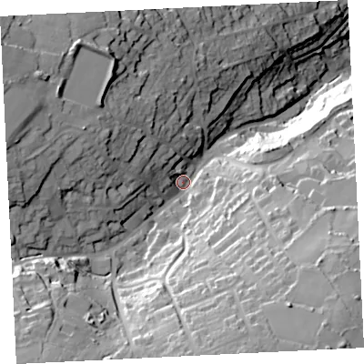 Shaded relief map of the ground around TR262EP, computed from Environment Agency LiDAR. The ground here sits at about 79 m above sea level and falls 77 m across the surrounding 800 m. Surface water reaching this point runs off ground lying to the south-west, 40.6 m higher.
