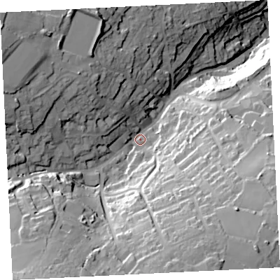 Shaded relief map of the ground around TR262EU, computed from Environment Agency LiDAR. The ground here sits at about 82 m above sea level and falls 80 m across the surrounding 800 m. Surface water reaching this point runs off ground lying to the south-west, 43.5 m higher.
