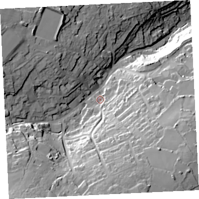 Shaded relief map of the ground around TR262EX, computed from Environment Agency LiDAR. The ground here sits at about 81 m above sea level and falls 83 m across the surrounding 800 m. Surface water reaching this point runs off ground lying to the south-south-east, 38.1 m higher.