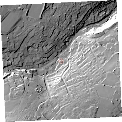 Shaded relief map of the ground around TR262EY, computed from Environment Agency LiDAR. The ground here sits at about 85 m above sea level and falls 85 m across the surrounding 800 m. Surface water reaching this point runs off ground lying to the south-south-east, 36.6 m higher.