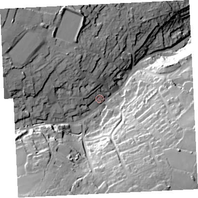 Shaded relief map of the ground around TR262HA, computed from Environment Agency LiDAR. The ground here sits at about 85 m above sea level and falls 74 m across the surrounding 800 m. Surface water reaching this point runs off ground lying to the south-west, 40.6 m higher.