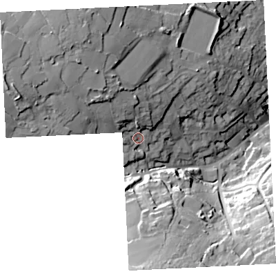 Shaded relief map of the ground around TR262HG, computed from Environment Agency LiDAR. The ground here sits at about 100 m above sea level and falls 44 m across the surrounding 800 m. Surface water reaching this point runs off ground lying to the north-west, 17.3 m higher.