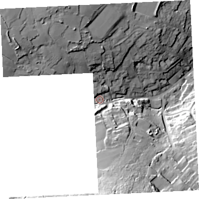 Shaded relief map of the ground around TR262HJ, computed from Environment Agency LiDAR. The ground here sits at about 97 m above sea level and falls 56 m across the surrounding 800 m. Surface water reaching this point runs off ground lying to the north-west, 22.9 m higher.