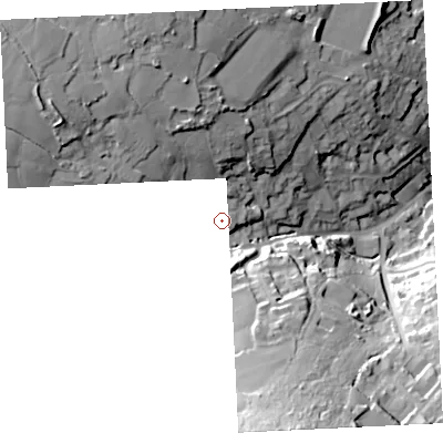 Shaded relief map of the ground around TR262HL, computed from Environment Agency LiDAR. The ground here sits at about 100 m above sea level and falls 50 m across the surrounding 800 m. Surface water reaching this point runs off ground lying to the north-west, 18.4 m higher.