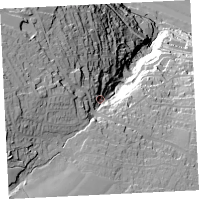 Shaded relief map of the ground around TR262JU, computed from Environment Agency LiDAR. The ground here sits at about 74 m above sea level and falls 119 m across the surrounding 800 m. Surface water reaching this point runs off ground lying to the west-south-west, 48.3 m higher.