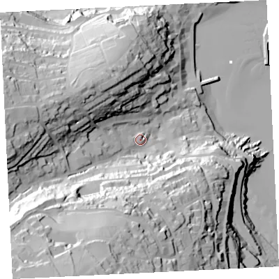 Shaded relief map of the ground around TR262LS, computed from Environment Agency LiDAR. The ground here sits at about 19 m above sea level and falls 92 m across the surrounding 800 m. Surface water reaching this point runs off ground lying to the south-west, 74.8 m higher.