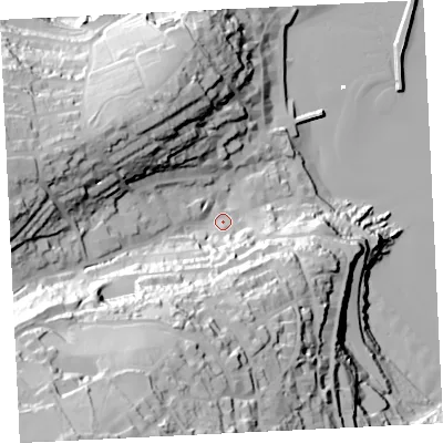 Shaded relief map of the ground around TR262LU, computed from Environment Agency LiDAR. The ground here sits at about 16 m above sea level and falls 95 m across the surrounding 800 m. Surface water reaching this point runs off ground lying to the south-west, 77.3 m higher.