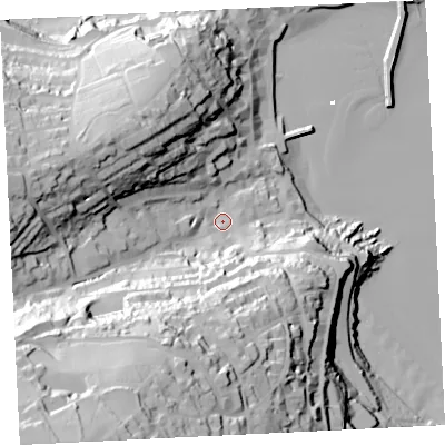 Shaded relief map of the ground around TR262LX, computed from Environment Agency LiDAR. The ground here sits at about 14 m above sea level and falls 93 m across the surrounding 800 m. Surface water reaching this point runs off ground lying to the south-west, 77.6 m higher.