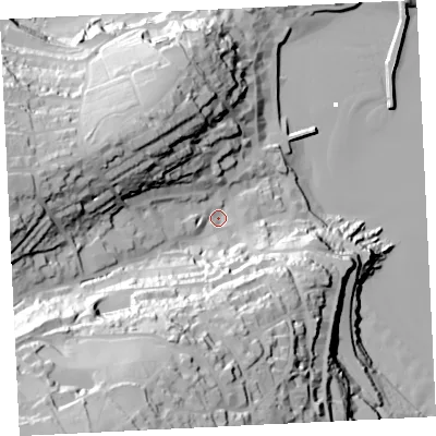 Shaded relief map of the ground around TR262LY, computed from Environment Agency LiDAR. The ground here sits at about 13 m above sea level and falls 92 m across the surrounding 800 m. Surface water reaching this point runs off ground lying to the south-west, 77.6 m higher.