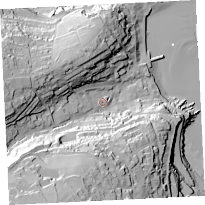 Shaded relief map of the ground around TR262ND, computed from Environment Agency LiDAR. The ground here sits at about 19 m above sea level and falls 93 m across the surrounding 800 m. Surface water reaching this point runs off ground lying to the west, 44.3 m higher.