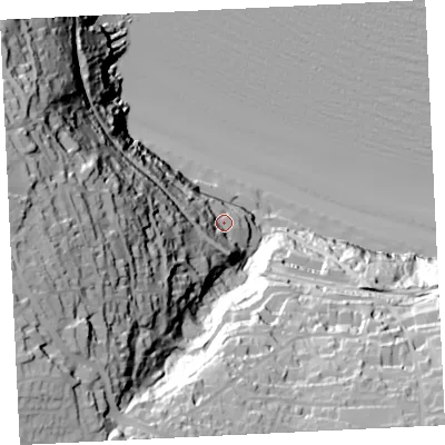 Shaded relief map of the ground around TR262NP, computed from Environment Agency LiDAR. The ground here sits at about 19 m above sea level and falls 107 m across the surrounding 800 m. Surface water reaching this point runs off ground lying to the west-south-west, 42.9 m higher.