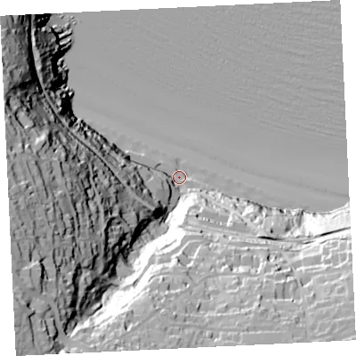 Shaded relief map of the ground around TR262NW, computed from Environment Agency LiDAR. The ground here sits at about 6 m above sea level and falls 104 m across the surrounding 800 m. Surface water reaching this point runs off ground lying to the south-west, 97.1 m higher.