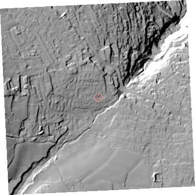 Shaded relief map of the ground around TR262QE, computed from Environment Agency LiDAR. The ground here sits at about 97 m above sea level and falls 125 m across the surrounding 800 m. Surface water reaching this point runs off ground lying to the west-north-west, 7.4 m higher.