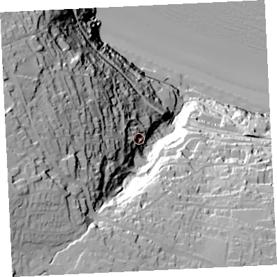 Shaded relief map of the ground around TR262QY, computed from Environment Agency LiDAR. The ground here sits at about 40 m above sea level and falls 111 m across the surrounding 800 m. Surface water reaching this point runs off ground lying to the west-south-west, 39.7 m higher.