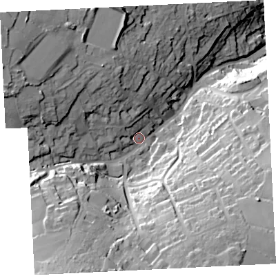 Shaded relief map of the ground around TR262RR, computed from Environment Agency LiDAR. The ground here sits at about 85 m above sea level and falls 74 m across the surrounding 800 m. Surface water reaching this point runs off ground lying to the south-west, 42.4 m higher.