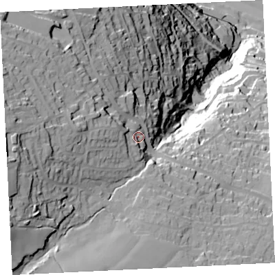 Shaded relief map of the ground around TR262RT, computed from Environment Agency LiDAR. The ground here sits at about 91 m above sea level and falls 123 m across the surrounding 800 m. Surface water reaching this point runs off ground lying to the west, 25.5 m higher.