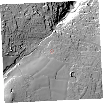 Shaded relief map of the ground around TR262SP, computed from Environment Agency LiDAR. The ground here sits at about 99 m above sea level and falls 100 m across the surrounding 800 m. Surface water reaching this point runs off ground lying to the south-south-west, 13.0 m higher.