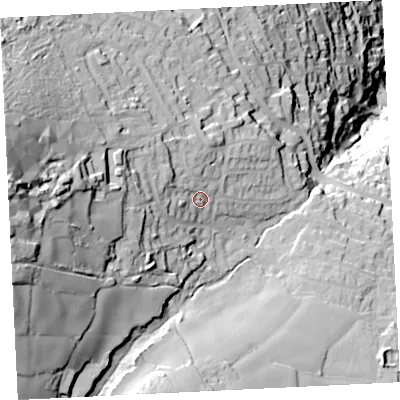 Shaded relief map of the ground around TR262SS, computed from Environment Agency LiDAR. The ground here sits at about 105 m above sea level and falls 113 m across the surrounding 800 m. Surface water reaching this point runs off ground lying to the west, 37.6 m higher.