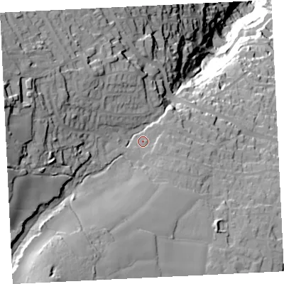Shaded relief map of the ground around TR262TN, computed from Environment Agency LiDAR. The ground here sits at about 96 m above sea level and falls 114 m across the surrounding 800 m. Surface water reaching this point runs off ground lying to the south-south-west, 33.8 m higher.