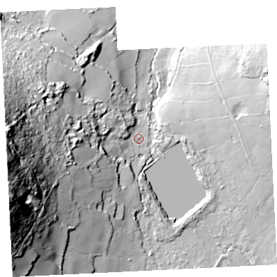 Shaded relief map of the ground around TR263AH, computed from Environment Agency LiDAR. The ground here sits at about 116 m above sea level and falls 81 m across the surrounding 800 m. Surface water reaching this point runs off ground lying to the west-south-west, 73.6 m higher.