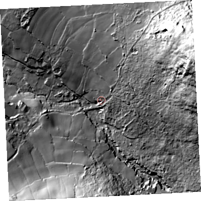 Shaded relief map of the ground around TR263BT, computed from Environment Agency LiDAR. The ground here sits at about 114 m above sea level and falls 104 m across the surrounding 800 m. Surface water reaching this point runs off ground lying to the east-north-east, 85.2 m higher.