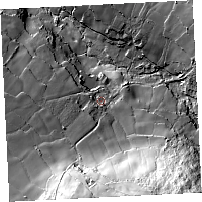 Shaded relief map of the ground around TR263DA, computed from Environment Agency LiDAR. The ground here sits at about 115 m above sea level and falls 99 m across the surrounding 800 m. Surface water reaching this point runs off ground lying to the south, 52.7 m higher.