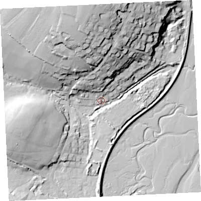 Shaded relief map of the ground around TR263DL, computed from Environment Agency LiDAR. The ground here sits at about 5 m above sea level and falls 43 m across the surrounding 800 m. Surface water reaching this point runs off ground lying to the north, 40.5 m higher.