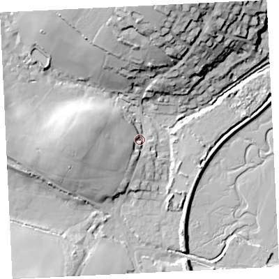 Shaded relief map of the ground around TR263EB, computed from Environment Agency LiDAR. The ground here sits at about 7 m above sea level and falls 40 m across the surrounding 800 m. Surface water reaching this point runs off ground lying to the west, 15.9 m higher.