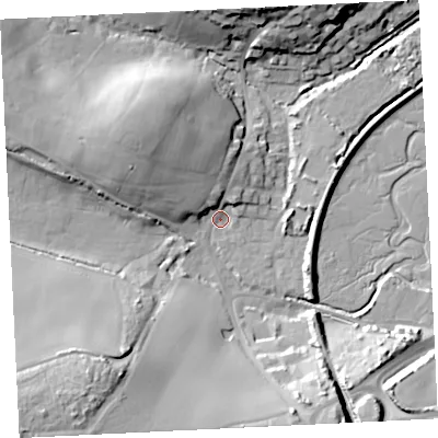 Shaded relief map of the ground around TR263EE, computed from Environment Agency LiDAR. The ground here sits at about 5 m above sea level and falls 39 m across the surrounding 800 m. Surface water reaching this point runs off ground lying to the north-west, 17.7 m higher.