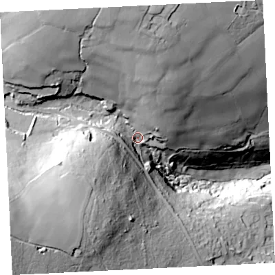 Shaded relief map of the ground around TR263HZ, computed from Environment Agency LiDAR. The ground here sits at about 69 m above sea level and falls 95 m across the surrounding 800 m. Surface water reaching this point runs off ground lying to the south-west, 57.1 m higher.