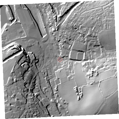 Shaded relief map of the ground around TR274AD, computed from Environment Agency LiDAR. The ground here sits at about 4 m above sea level and falls 48 m across the surrounding 800 m. Surface water reaching this point runs off ground lying to the east-south-east, 42.8 m higher.