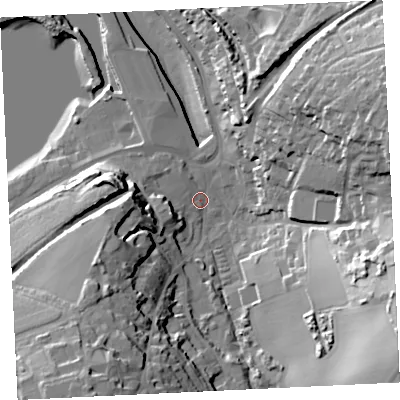 Shaded relief map of the ground around TR274AE, computed from Environment Agency LiDAR. The ground here sits at about 5 m above sea level and falls 40 m across the surrounding 800 m. Surface water reaching this point runs off ground lying to the south-east, 35.1 m higher.
