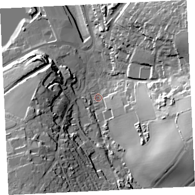 Shaded relief map of the ground around TR274AF, computed from Environment Agency LiDAR. The ground here sits at about 4 m above sea level and falls 44 m across the surrounding 800 m. Surface water reaching this point runs off ground lying to the east-south-east, 39.6 m higher.