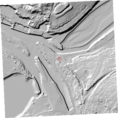 Shaded relief map of the ground around TR274BH, computed from Environment Agency LiDAR. The ground here sits at about 5 m above sea level and falls 39 m across the surrounding 800 m. Surface water reaching this point runs off ground lying to the south-east, 5.7 m higher.