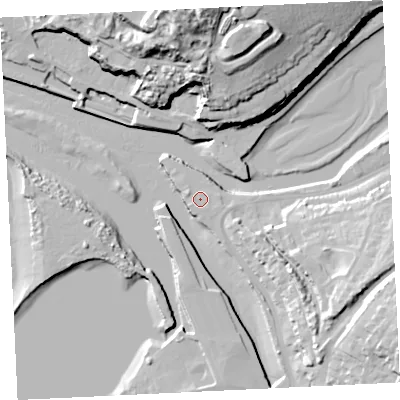 Shaded relief map of the ground around TR274BJ, computed from Environment Agency LiDAR. The ground here sits at about 5 m above sea level and falls 42 m across the surrounding 800 m. Surface water reaching this point runs off ground lying to the south-east, 0.8 m higher.