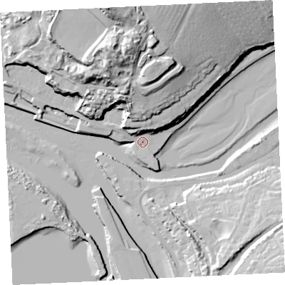 Shaded relief map of the ground around TR274BL, computed from Environment Agency LiDAR. The ground here sits at about 5 m above sea level and falls 48 m across the surrounding 800 m. Surface water reaching this point runs off ground lying to the north-north-east, 23.5 m higher.