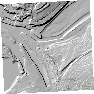 Shaded relief map of the ground around TR274BS, computed from Environment Agency LiDAR. The ground here sits at about 6 m above sea level and falls 38 m across the surrounding 800 m. Surface water reaching this point runs off ground lying to the south-east, 15.4 m higher.