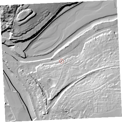 Shaded relief map of the ground around TR274BT, computed from Environment Agency LiDAR. The ground here sits at about 7 m above sea level and falls 42 m across the surrounding 800 m. Surface water reaching this point runs off ground lying to the east, 18.3 m higher.