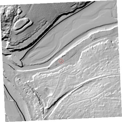 Shaded relief map of the ground around TR274BU, computed from Environment Agency LiDAR. The ground here sits at about 5 m above sea level and falls 43 m across the surrounding 800 m. Surface water reaching this point runs off ground lying to the east-south-east, 18.3 m higher.