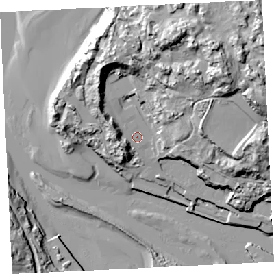 Shaded relief map of the ground around TR274DD, computed from Environment Agency LiDAR. The ground here sits at about 11 m above sea level and falls 50 m across the surrounding 800 m. Surface water reaching this point runs off ground lying to the north-north-west, 17.3 m higher.