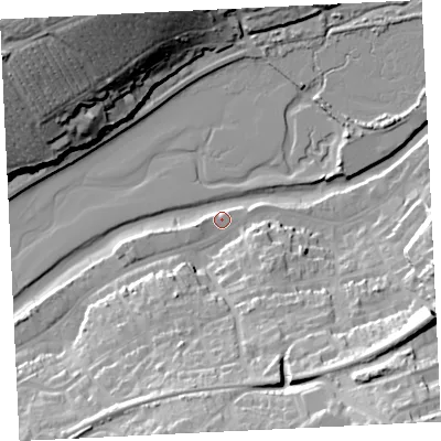Shaded relief map of the ground around TR274DF, computed from Environment Agency LiDAR. The ground here sits at about 4 m above sea level and falls 37 m across the surrounding 800 m. Surface water reaching this point runs off ground lying to the west, 1.4 m higher.